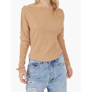 Free People We The Free Tan Off-the-Shoulder Ribbed Thermal Shirt Womens S